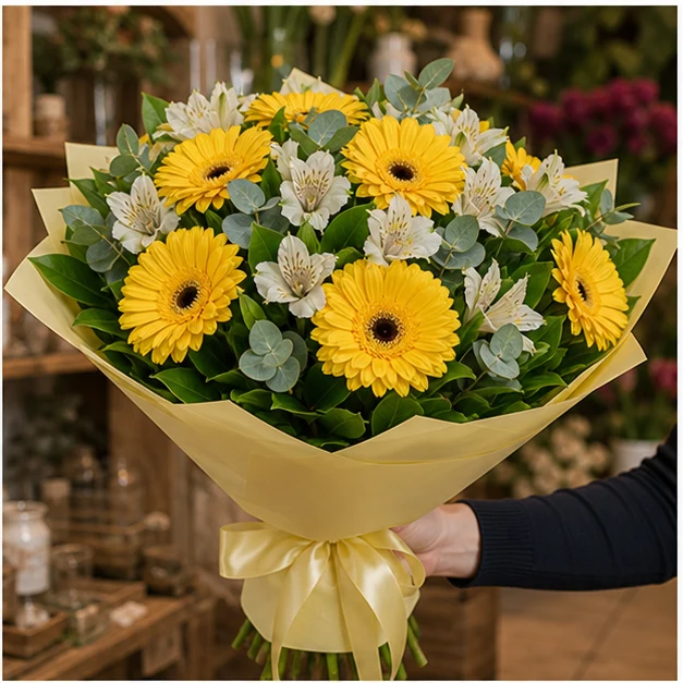 Buchet cu gerbera galbena si alstroemeria alba - poza 2