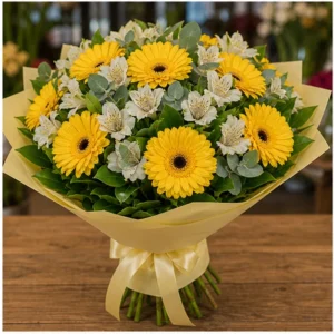 Buchet cu gerbera galbena si alstroemeria alba - poza 3