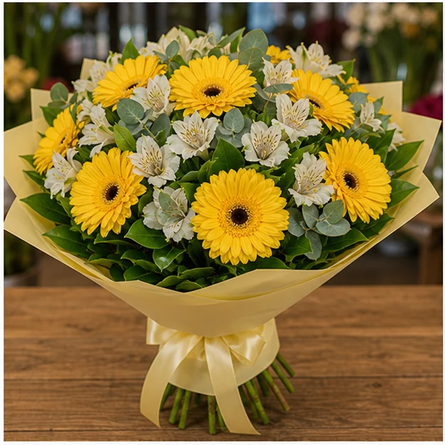 Buchet cu gerbera galbena si alstroemeria alba - poza 3