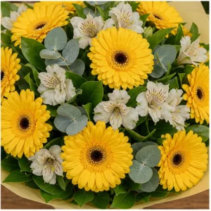 Buchet cu gerbera galbena si alstroemeria alba - poza 4