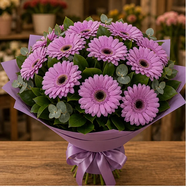 Buchet cu gerbera lila simplu modern - poza 1