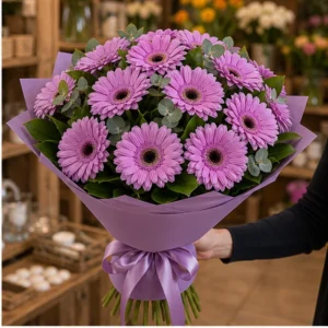 Buchet cu gerbera lila simplu modern - poza 2