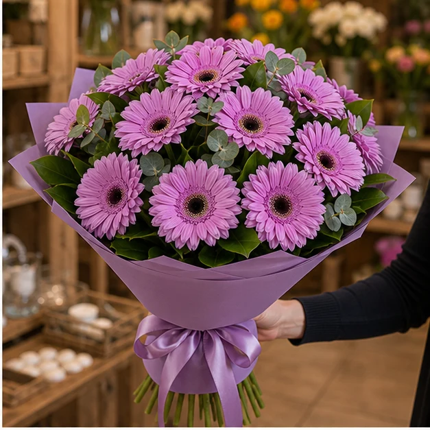 Buchet cu gerbera lila simplu modern - poza 2