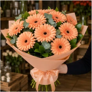 Buchet cu gerbera piersica simplu pastel - poza 2