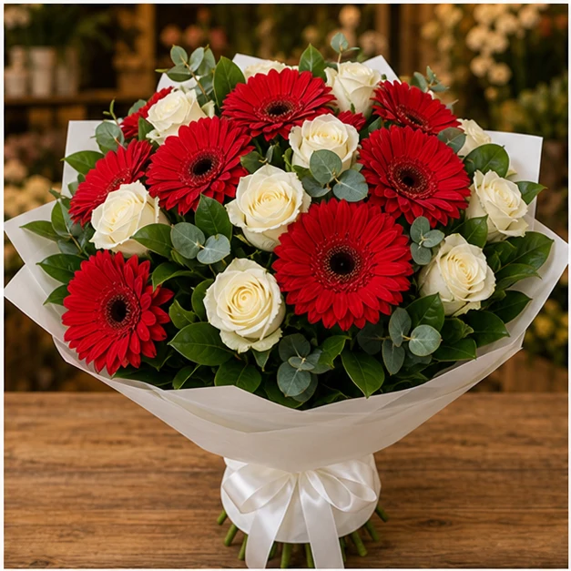 Buchet cu gerbera rosie si trandafiri albi - poza 1