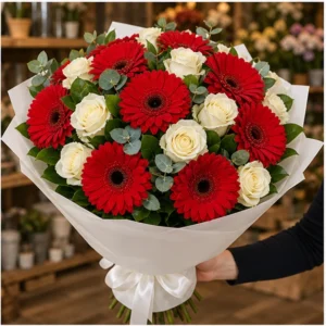 Buchet cu gerbera rosie si trandafiri albi - poza 2