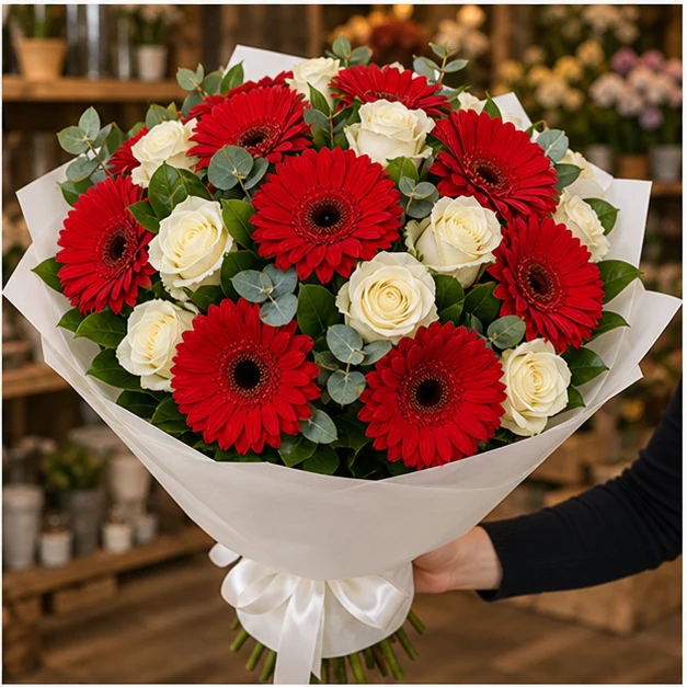 Buchet cu gerbera rosie si trandafiri albi - poza 2