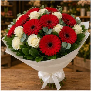 Buchet cu gerbera rosie si trandafiri albi - poza 3
