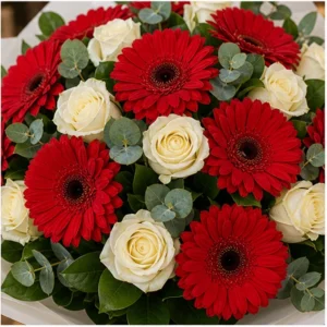 Buchet cu gerbera rosie si trandafiri albi - poza 4