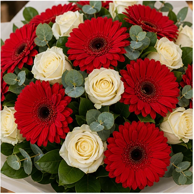 Buchet cu gerbera rosie si trandafiri albi - poza 4