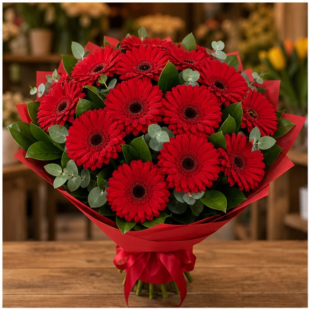 Buchet cu gerbera rosie simplu elegant - poza 1