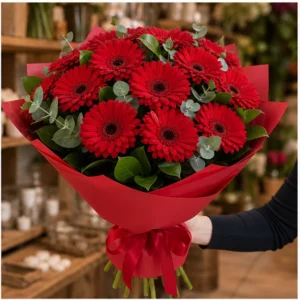Buchet cu gerbera rosie simplu elegant - poza 2