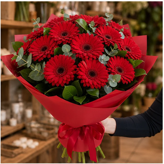 Buchet cu gerbera rosie simplu elegant - poza 2