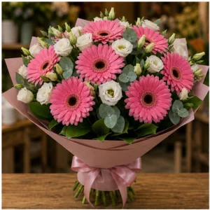 Buchet cu gerbera roz si lisianthus alb - poza 1