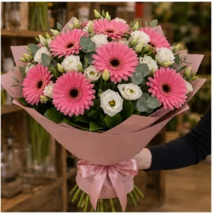 Buchet cu gerbera roz si lisianthus alb - poza 2
