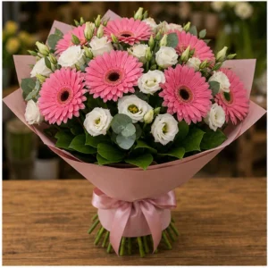 Buchet cu gerbera roz si lisianthus alb - poza 3
