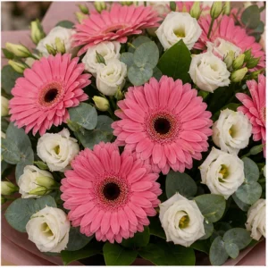 Buchet cu gerbera roz si lisianthus alb - poza 4