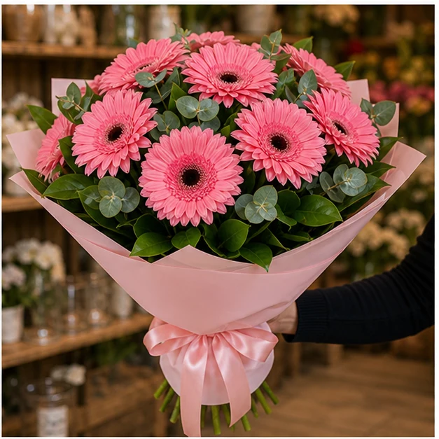 Buchet cu gerbera roz simplu delicat - poza 2
