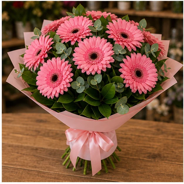 Buchet cu gerbera roz simplu delicat - poza 3