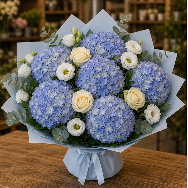 Buchet cu hortensii albastre premium si lisianthus - poza 1
