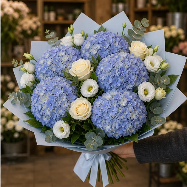 Buchet cu hortensii albastre premium si lisianthus - poza 2