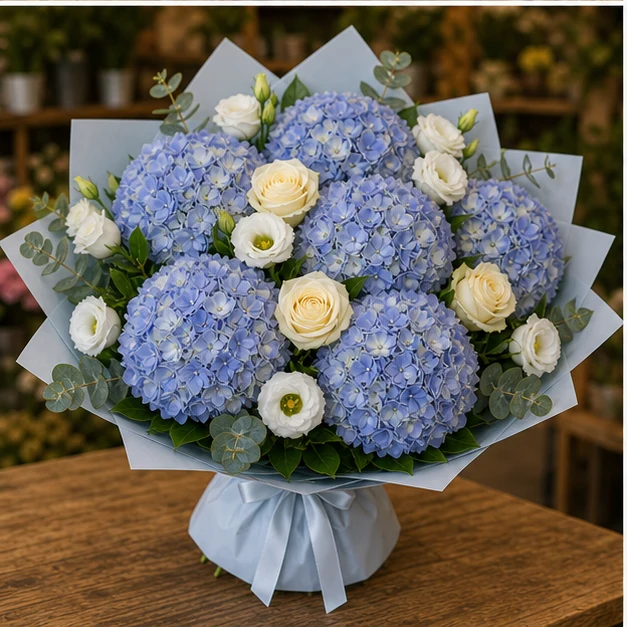 Buchet cu hortensii albastre premium si lisianthus - poza 3