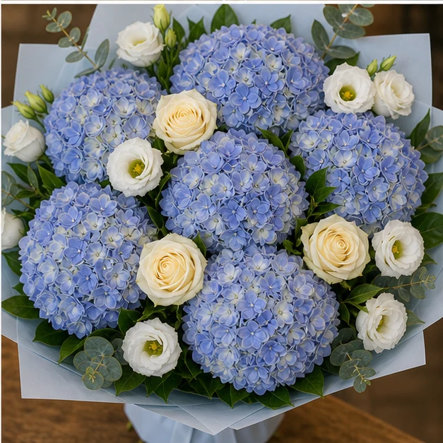 Buchet cu hortensii albastre premium si lisianthus - poza 4