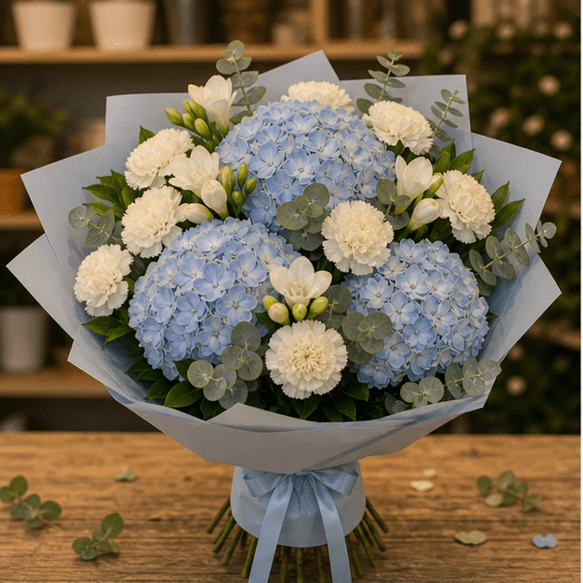 Buchet cu hortensii albastre si garoafe ivoire - poza 1