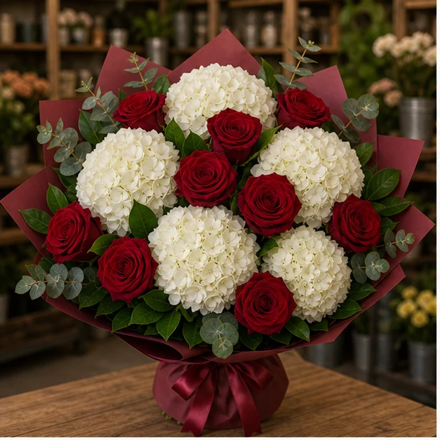 Buchet cu hortensii albe premium si trandafiri rosii - poza 1