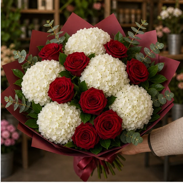 Buchet cu hortensii albe premium si trandafiri rosii - poza 2