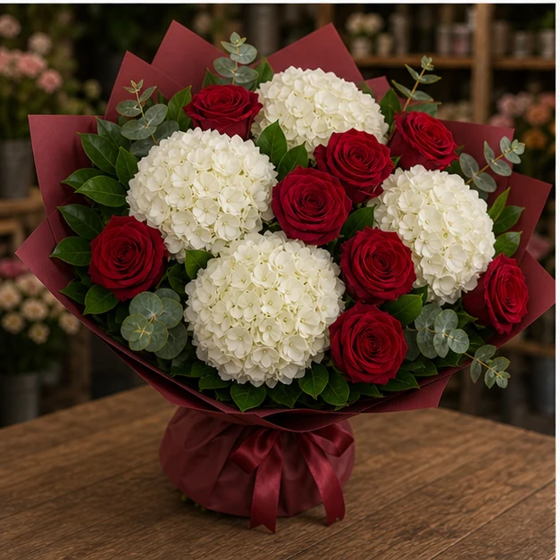 Buchet cu hortensii albe premium si trandafiri rosii - poza 3