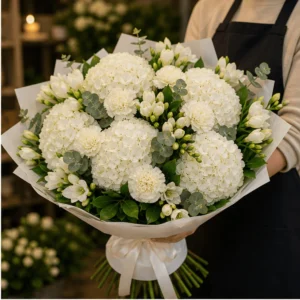 Buchet cu hortensii albe si frezii premium - poza 2
