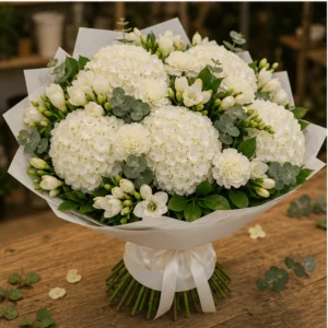 Buchet cu hortensii albe si frezii premium - poza 3