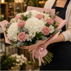 Buchet cu hortensii albe si garoafe roz pudrat - poza 2