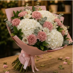 Buchet cu hortensii albe si garoafe roz pudrat - poza 3