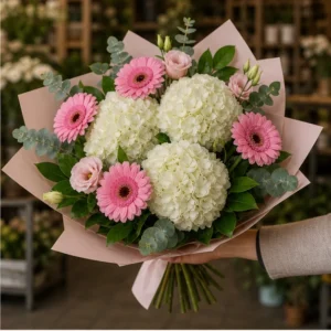 Buchet cu hortensii albe si gerbera roz - poza 2