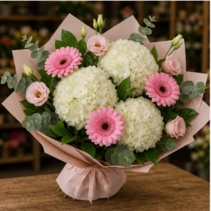 Buchet cu hortensii albe si gerbera roz - poza 3
