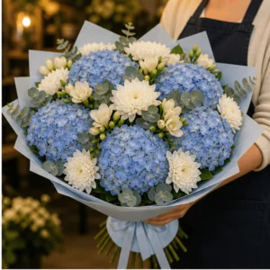 Buchet cu hortensii bleu si crizanteme premium - poza 2