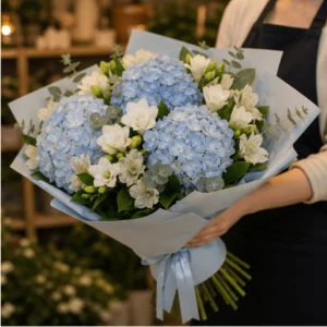 Buchet cu hortensii bleu si frezii albe parfumate - poza 2