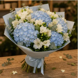 Buchet cu hortensii bleu si frezii albe parfumate - poza 3