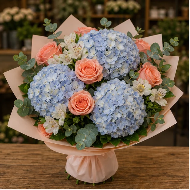 Buchet cu hortensii bleu si trandafiri somon - poza 1