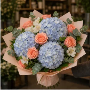Buchet cu hortensii bleu si trandafiri somon - poza 2