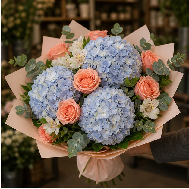 Buchet cu hortensii bleu si trandafiri somon - poza 2