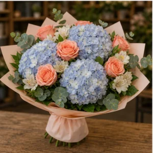 Buchet cu hortensii bleu si trandafiri somon - poza 3