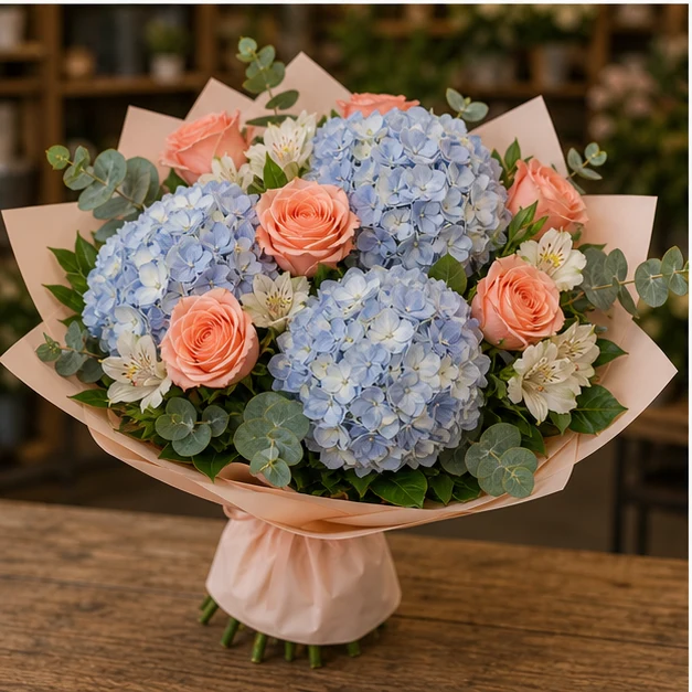 Buchet cu hortensii bleu si trandafiri somon - poza 3