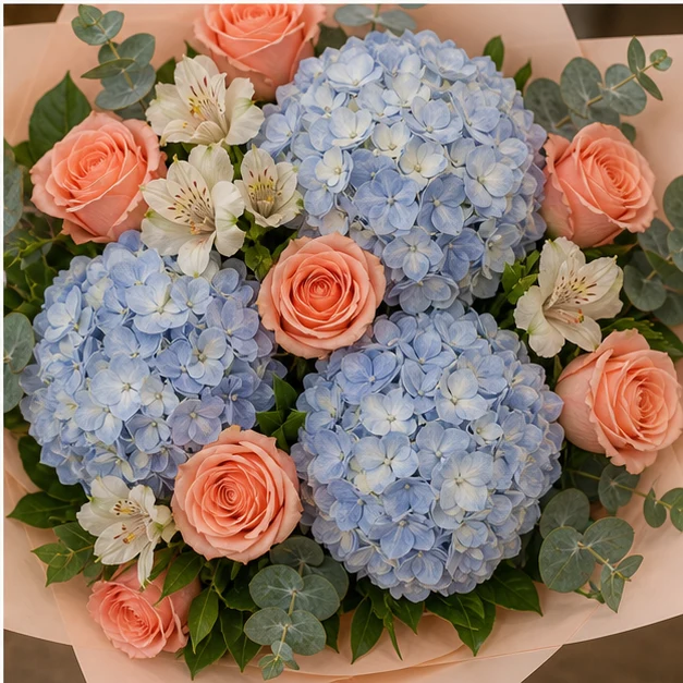 Buchet cu hortensii bleu si trandafiri somon - poza 4