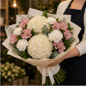 Buchet cu hortensii crem si alstroemeria roz - poza 2