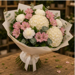 Buchet cu hortensii crem si alstroemeria roz - poza 3