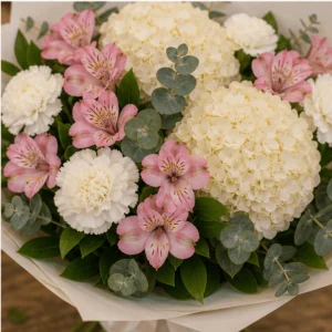 Buchet cu hortensii crem si alstroemeria roz - poza 4