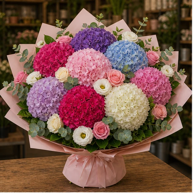 Buchet cu hortensii grandios multicolor si trandafiri - poza 1